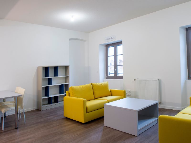 Vue intérieur d'un logement étudiant meublé (canapé, table basse, bibliothèque)