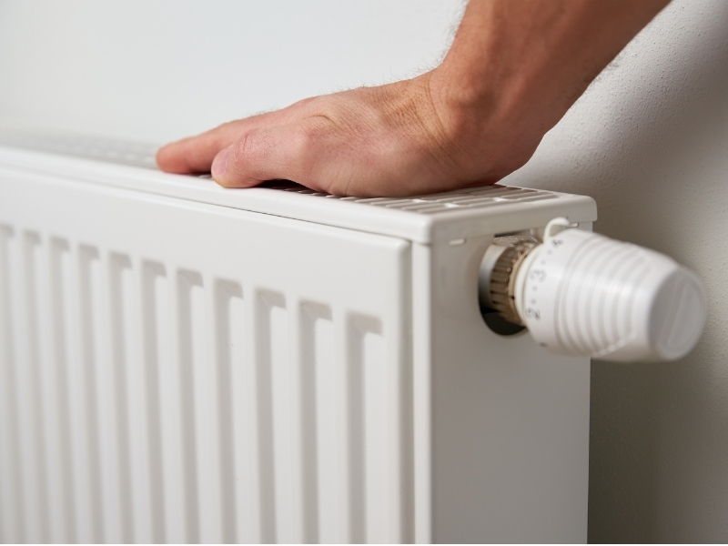 Main posée sur un radiateur pour vérifier qu'il est chaud.